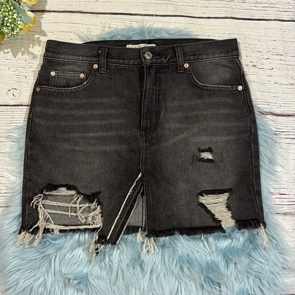 Free People Denim Mini Skirt Relaxed Ripped Washed Black